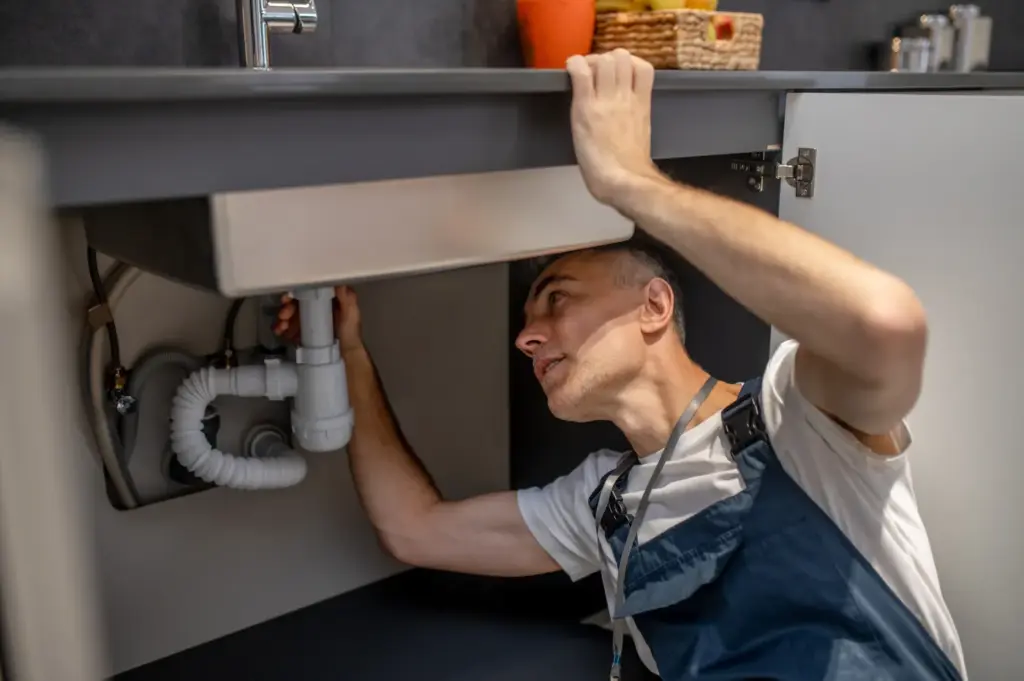 אינסטלטור בודק צנרת מתחת לכיור מטבח