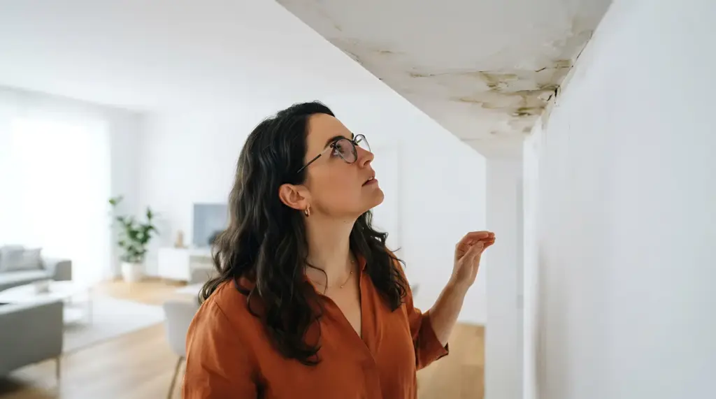 דיירת מבחינה בנזק רטיבות בתקרת הסלון מנזילה