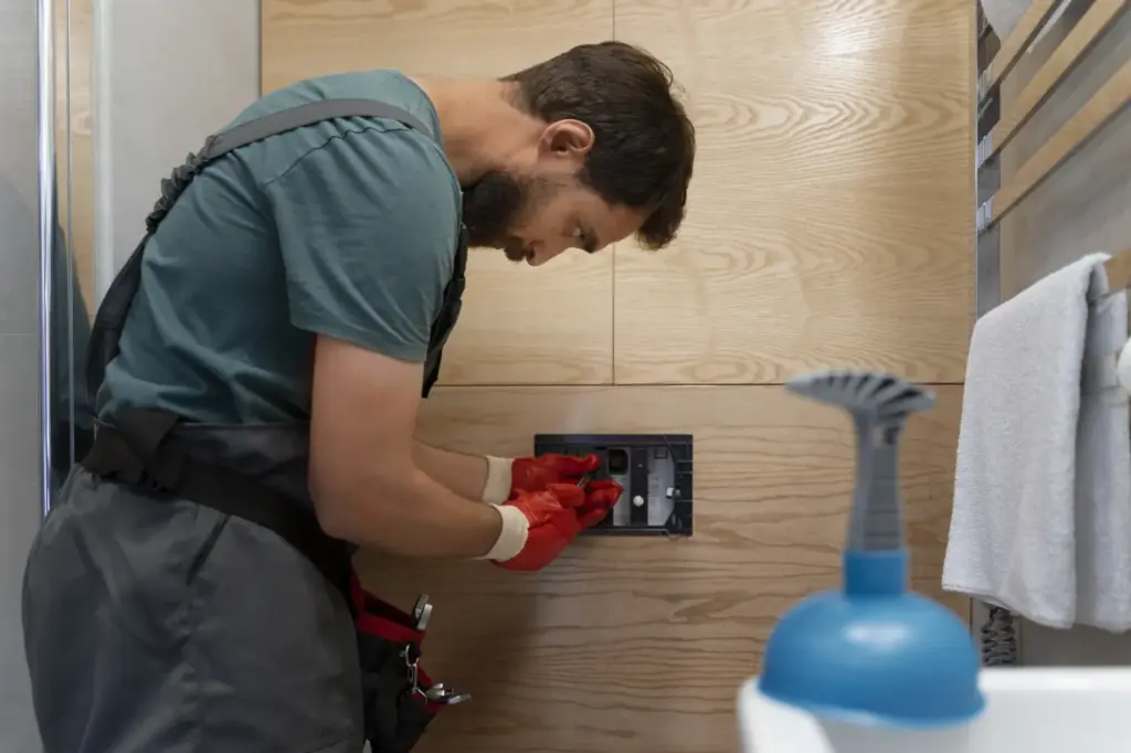 אינסטלטור מבצע עבודות אינסטלציה על צנרת בחדר רחצה
